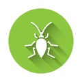 White Cockroach icon isolated with long shadow. Green circle button. Vector