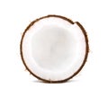 White coconut on a bright background. Tasty fresh coco cracked in half. Vegetarian summer ingredients.