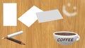 Coffe cup, pencils, note sheets, `coffee` subtitle on the table