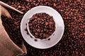 White coffee cup with beans sack and scoop top view Royalty Free Stock Photo