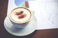 A white coffee cup with creamy foam resting on the table with graph data sheets