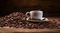 A white coffee cup full of coffee beans spilling out on a wood background Royalty Free Stock Photo