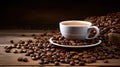 A white coffee cup full of coffee beans spilling out on a wood background Royalty Free Stock Photo