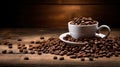 A white coffee cup full of coffee beans spilling out on a wood background Royalty Free Stock Photo