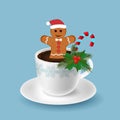 White coffee cup with gingerbread man cookee, candy cane and christmas decoration. Merry Cristmas and New year greetiong card