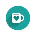 White Coffee cup and heart icon isolated with long shadow. Couple coffee for lovers on Valentines Day. Green circle Royalty Free Stock Photo