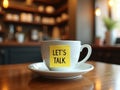 White Coffee Cup with âLetâs Talkâ Sticky Note in Cozy CafÃ© Setting Royalty Free Stock Photo