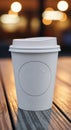 Blank White Disposable Coffee Cup on Wooden Table with Bokeh Lights Royalty Free Stock Photo