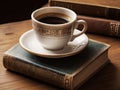 White coffee cup placed on a stack of old books Royalty Free Stock Photo