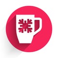 White Coffee cup with snowflake icon isolated with long shadow. Tea cup. Hot drink coffee. Merry Christmas and Happy New