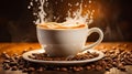 White coffee cup with splashes and coffee beans, copy space on beige gradient background Royalty Free Stock Photo