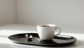 White Coffee Cup and Spoon on Black Tray. Royalty Free Stock Photo