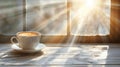 White coffee cup on table in modern kitchen, morning light, summer breakfast scene with copy space Royalty Free Stock Photo