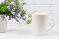 White coffee latte mug mockup with purple bird vetch