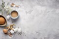 Coffee, eggs, and flowers on white marble counter - breakfast background photo