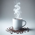 White coffee mug, isolated, white background, wih smoke