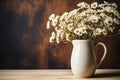 White coffee mug mockup with white field chamomile bouquet in handmade rustic vase Empty mug mock up Royalty Free Stock Photo