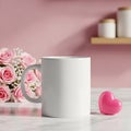 White coffee mug with pink heart and roses on table background Royalty Free Stock Photo