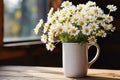 White coffee mug, rustic vase, chamomile bouquet mockup Royalty Free Stock Photo