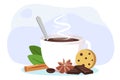 White coffee mug with steam a bar of chocolate cinnamon cloves and a piece of cookies