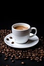 a white coffee mug on a white saucer and coffee beans on a black background