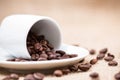 White coffeecup with coffeebeans on gunny background