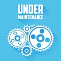 White Cogwheels on a blue background. Under maintenance website page message. Flat style with long shadows. Royalty Free Stock Photo