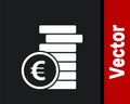 White Coin money with euro symbol icon isolated on black background. Banking currency sign. Cash symbol. Vector
