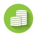 White Coin money icon isolated with long shadow. Banking currency sign. Cash symbol. Green circle button. Vector
