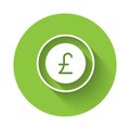 White Coin money with pound sterling symbol icon isolated with long shadow. Banking currency sign. Cash symbol. Green