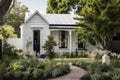 white colinial house with black shutters and metal roof in garden setting Royalty Free Stock Photo