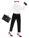 White-collar female worker essentials arranged as fancy human shape