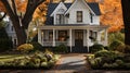 white colonial home with black shutters decorated jack o lantern autumn foliage. generative ai Royalty Free Stock Photo