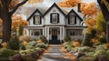 white colonial home with black shutters decorated jack o lantern autumn foliage. generative ai Royalty Free Stock Photo