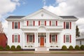 white colonial house, red door, twostory, symmetrical windows