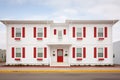 white colonial house, red door, twostory, symmetrical windows