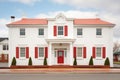 white colonial house, red door, twostory, symmetrical windows