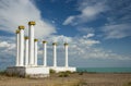 White colonnade in Priozersk city, Kazakhstan by the lake Balkhash.