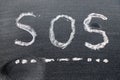 White chalk hand drawing in SOS abbreviation of save our soul/ship or sibling over shoulder on black board background