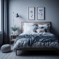 White Color Interior Bedroom, Cozy Large bed, Green Plant, Soft Light, Carpet, Wood Side tables with Decorations, wall Art