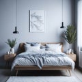 White Color Interior Bedroom, Cozy Large bed, Green Plant, Soft Light, Carpet, Wood Side tables with Decorations, wall Art