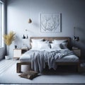 White Color Interior Bedroom, Cozy Large bed, Green Plant, Soft Light, Carpet, Wood Side tables with Decorations, wall Art