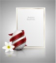 White color realistic egg with silver metallic floral pattern and red ribbon. White narcissus flower on light grey background Royalty Free Stock Photo