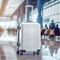 White colored traveler suitcase in the airport departure Generative AI