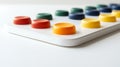 A white and colorful keyboard with a yellow button in the middle