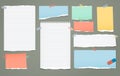 White and colorful lined torn note, notebook paper pieces for text stuck with sticky tape on green background. Vector Royalty Free Stock Photo