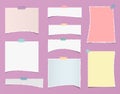 White, colorful ripped blank note, notebook paper strips for text or message stuck with sticky tape on violet background