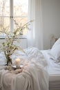 White Comforter Bed With Flowers