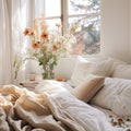 White Comforter Bed With Flowers