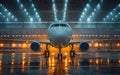 White commercial airplane is parked in hangar at night. Airplane is preparing for flight. Royalty Free Stock Photo